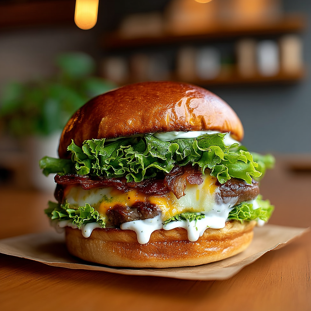 Loaded burger with greens and cheese